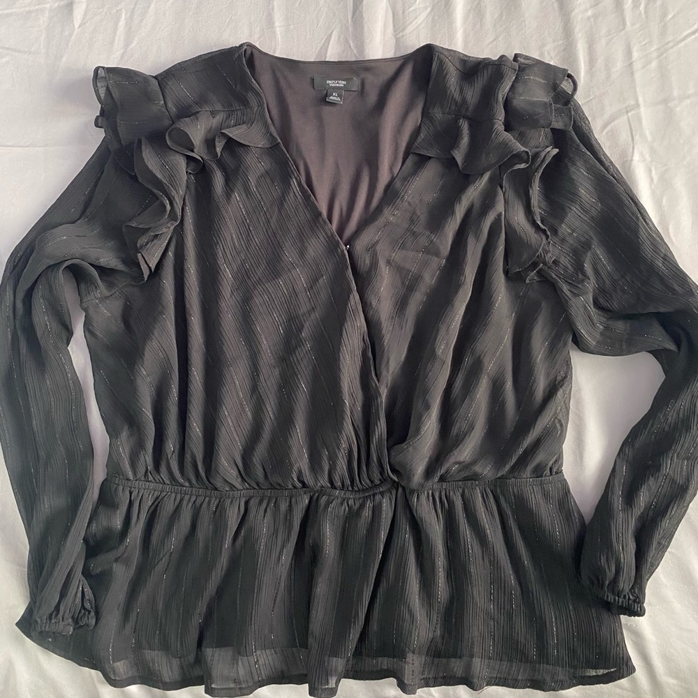 Simply Vera Vera Wang Black Ruffled Blouse Silver Threads Size XL